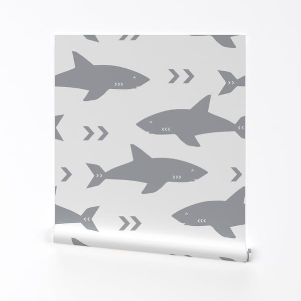 Gray Sharks Wallpaper - Sharks Boys Nursery Shark By Charlottewinter - Custom Printed Removable Self Adhesive Wallpaper Roll by Spoonflower