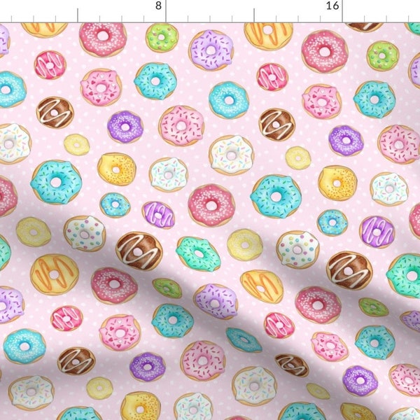 Donuts Fabric - Scattered Rainbow Donuts On Pale Pink Spotty By Hazelfishercreations - Pink Girls Cotton Fabric By The Yard With Spoonflower