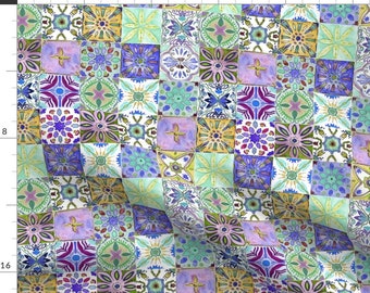 Tiles Fabric - Andalucian Tiles By Art Studio Helene - Spanish Tiles Purple Green Yellow Pink Cotton Fabric By The Yard With Spoonflower