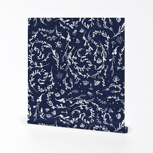 Seaweed Wallpaper - Ahoy Seaweed (Navy) By Nouveau Bohemian - Navy Blue Custom Printed Removable Self Adhesive Wallpaper Roll by Spoonflower