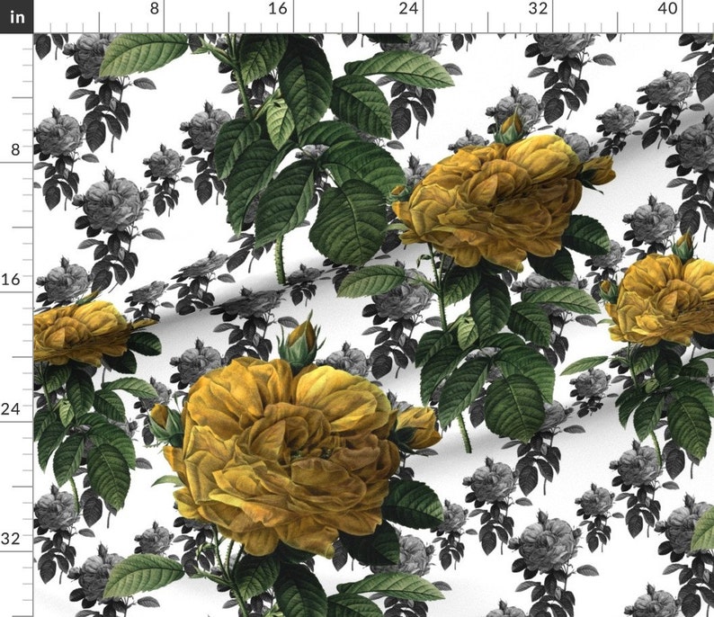 Yellow Rose Fabric Redoute' Roses Yellow Large by Etsy