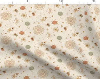 Celestial Fabric - Boho Baby Astronaut by gartmanstudio - Planets Gender Neutral Space Sky Blush Sage Gold Fabric by the Yard by Spoonflower
