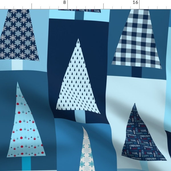 Christmas Trees Fabric - Patchwork by fibracreativa - Faux Patchwork Blue Christmas Large Scale  Fabric by the Yard by Spoonflower