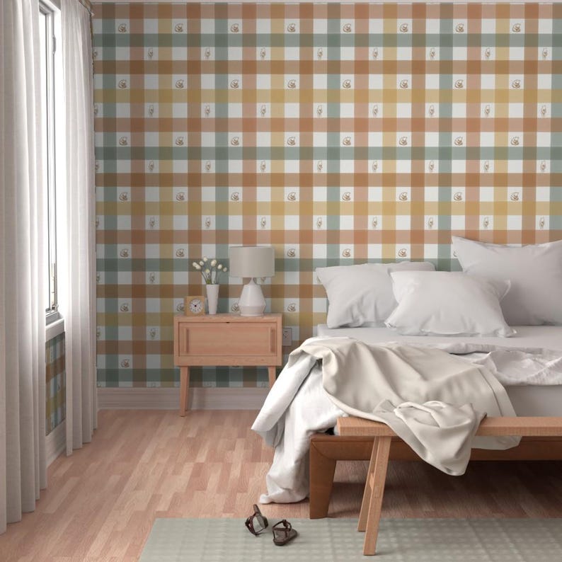 Pooh Gingham Peel and Stick Wallpaper - Vintage Gingham Warm Neutral - Removable Wall Decor Art - Winnie-the-pooh by at_the_cottage image 5