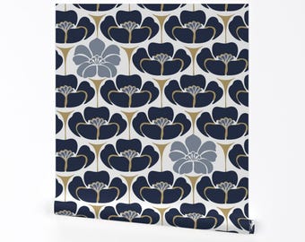 Art Deco Floral Removable Peel and Stick Wallpaper - Navy Mustard - Wall Art Wall Decor - 1920s Floral Indigo by fernlesliestudio