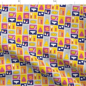 May include: A seamless pattern featuring a repeating design of colorful squares with various science-themed illustrations. The squares are in shades of yellow, orange, pink, blue, and gray. Each square contains a different illustration, such as a beaker, a test tube, a petri dish, and a stirring spoon. The illustrations are all cartoon-like and have smiling faces.