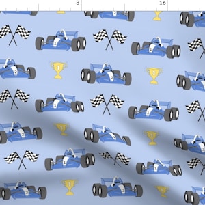 Racing Fabric Race Cars With Trophy by vivdesign Blue Boys Kids Trophy Winner Sports Race Cars Toys Fabric by the Yard by Spoonflower image 1