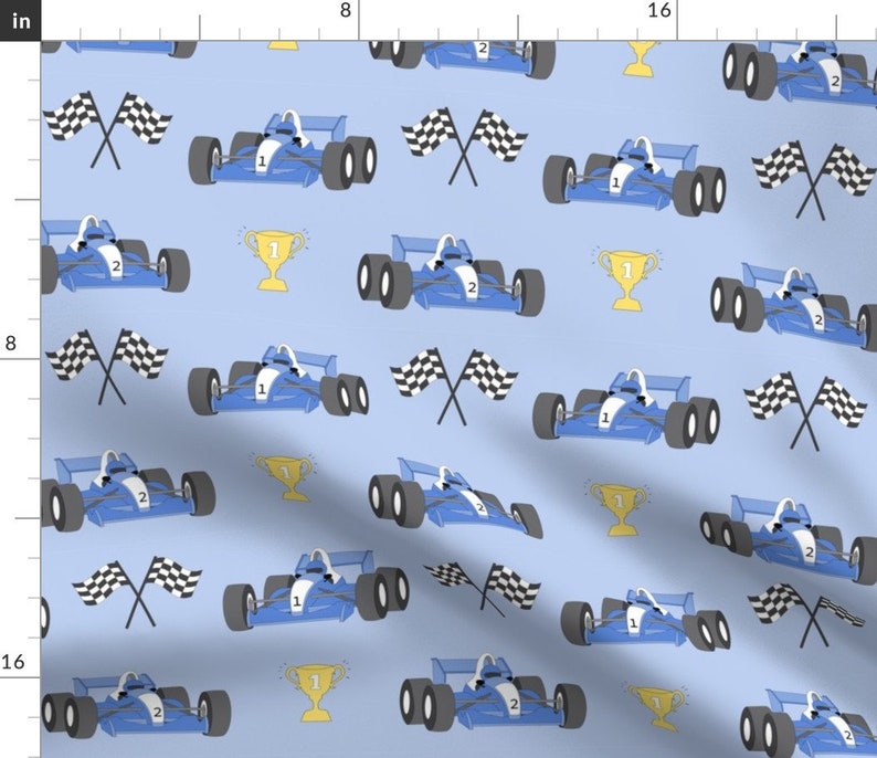 Racing Fabric Race Cars With Trophy by vivdesign Blue Boys Kids Trophy Winner Sports Race Cars Toys Fabric by the Yard by Spoonflower image 1