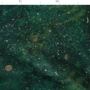 Celestial Sky Fabric - Dark Green Galaxy by rebecca_reck_art - Emerald Green Night Sky Astrology Astronomy Fabric by the Yard by Spoonflower