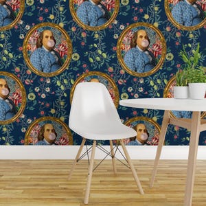 Benjamin Franklin Peel and Stick Wallpaper - Botanical Whimsical - Removable Wall Decor Art - Franklin Bubblegum Dark Blue by rebelmod
