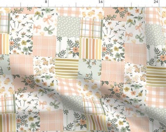 May include: A patchwork fabric design featuring a variety of patterns in pink, green, and white. The patterns include gingham, stripes, polka dots, and floral designs. There are also small images of chicks and lambs.