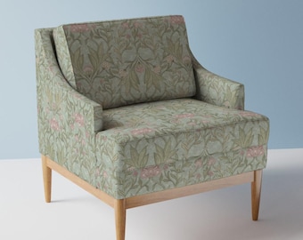 William Morris bekledingsstof - Victoriaans damast gebladerte door bloomerydecor - roze groenblauwe bladeren bloemenstof op maat gesneden met lepelbloem