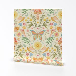 Woodland Damask Removable Peel and Stick Wallpaper - Bright Pastels Pale Yellow - Wall Art Wall Decor - Summer Morning by shwetaggaikwad