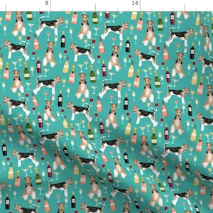 Wine Terrier Fabric - Wire Fox Terriers Dog Breed Wine Turquoise By Petfriendly - Rose Wine Dog Cotton Fabric by the Yard with Spoonflower