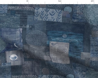 Sashiko Indigo Fabric - Japanese Stitch Pattern By Forests - Blue Oriental Clouds Abstract Nature Cotton Fabric By The Yard With Spoonflower