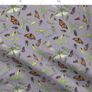 Cicadas and Butterflies Fabric - All The Insects On Light Purple By Landpenguin - Bugs on Purple Cotton Fabric By The Yard With Spoonflower