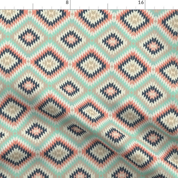 Boho Baby Fabric - Kilim / Coral Aqua And Navy By Willowlanetextiles- Southwestern Pastel Nursery Cotton Fabric By The Yard With Spoonflower