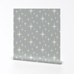 Atomic Wallpaper - Atomic Starburst Gray By Roofdog Designs - Mid Century Modern Stars Removable Self Adhesive Wallpaper Roll by Spoonflower