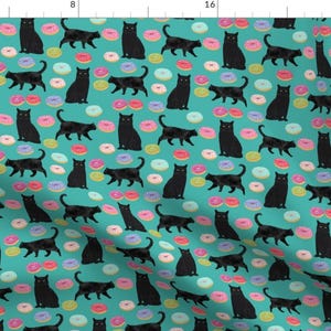 Black Cat Fabric - Black Cat Donuts Cute Food Turquoise By Petfriendly - Kawaii Kitty Black Cat Cotton Fabric by the Yard with Spoonflower