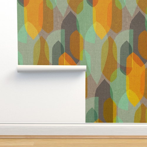Mid Century Modern Wallpaper Mod Blue Aqua Orange Muted by Etsy