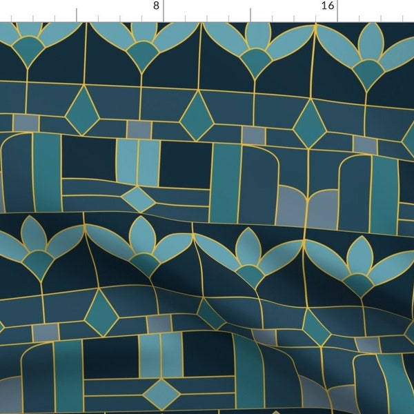 Floral Stained Window  Fabric - Art Deco Stained Window/Aqua Jade Gold By Ileneavery- Art Deco Cotton Fabric By The Yard With Spoonflower