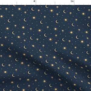 Moon Fabric - Mystic Universe By Littlesmilemakers - Sun Moon Stars Sweet Dreams Night Navy Gold Cotton Fabric By The Yard With Spoonflower
