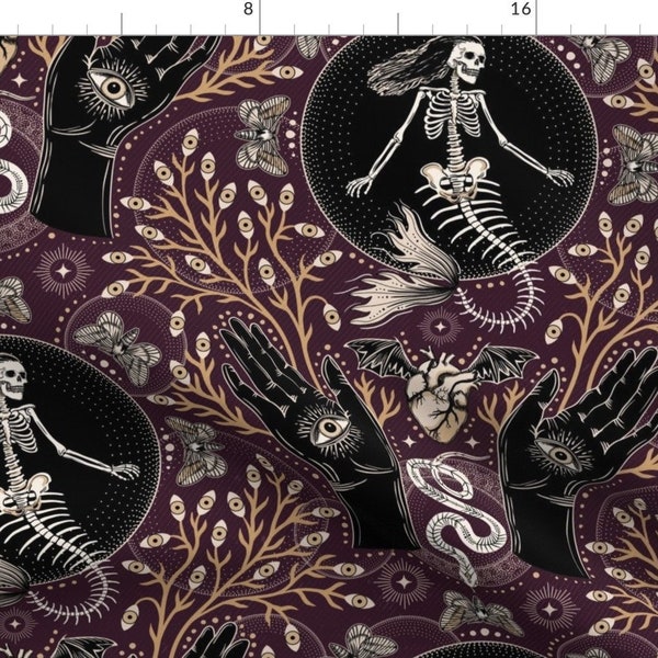 Mermaid Skeleton Fabric - Phantasmagoria by misentangledvision - Gothic Hands Eyes Scary Spooky Fabric by the Yard by Spoonflower
