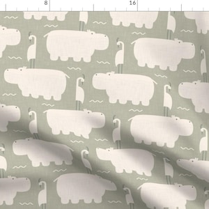 Whimsical Fabric - Hippo And Bird Large by pakanta_handmade - Animals Geometric Nursery Baby Lake Water Fabric by the Yard by Spoonflower