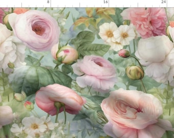 May include: A seamless pattern featuring a watercolor illustration of pink and white roses, with green leaves and a light blue background.