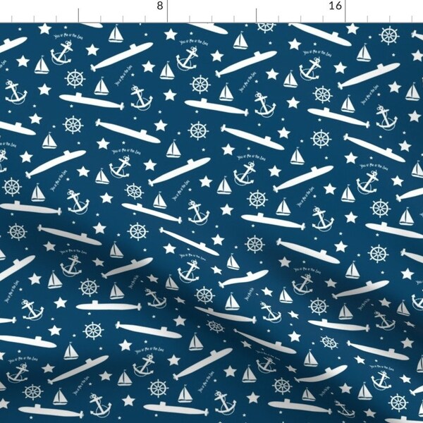 Nautical Fabric - Submarine Soup By Modernrosie - Nautical Submarine Anchor Sailboat Blue White Cotton Fabric By The Yard With Spoonflower