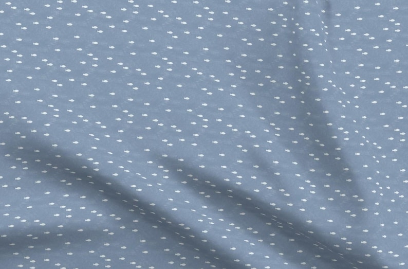 Pu&ograve; includere: Un tessuto blu chiaro con un motivo a pois bianchi. Il tessuto ha una leggera lucentezza e una texture morbida.