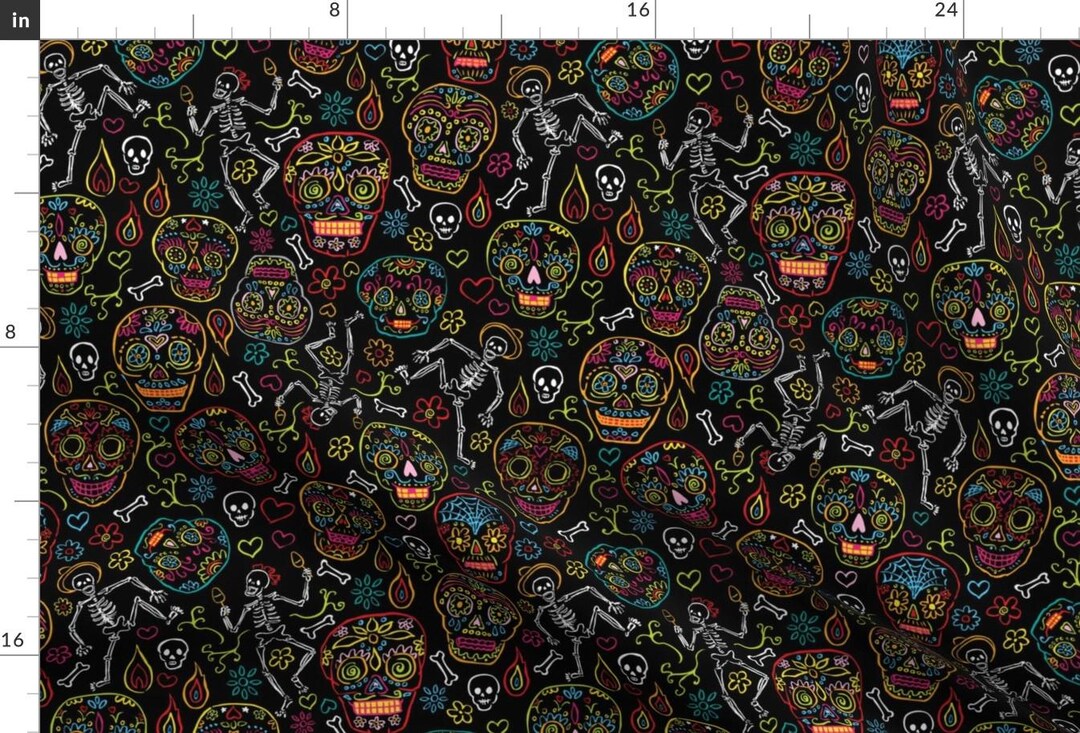 Day of the Dead Fabric Large Sugar Skulls Skeleton Rainbow on Black ...