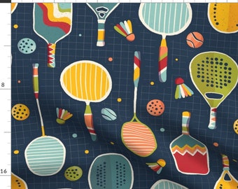Court Sports Fabric - Cool Rackets by papricastudio - Rackets On Navy Colorful Bandminton Paddles Tennis Fabric by the Yard by Spoonflower