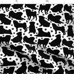 May include: Black and white seamless pattern featuring silhouettes of pugs in various poses. The background is white with small paw prints.