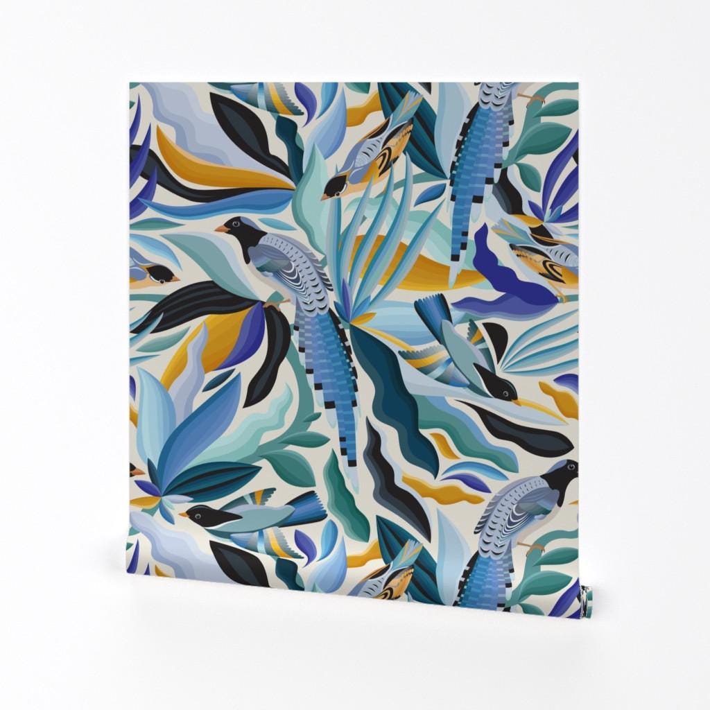 Abnehmbare Tapete des Dschungels - Maximalist Blau Gold - Wand Kunst Tapete - Tropische Vögel Exotische Natur by evamatise