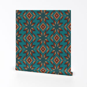 Southwest Wallpaper - Aztec Motif By Danadudesign - Teal Tribal Geometric Native West Removable Self Adhesive Wallpaper Roll by Spoonflower