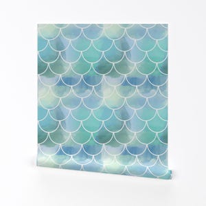 Mermaid Tail Wallpaper -Scales Blues Aquas Water By Jenlats- Watercolor Custom Printed Removable Self Adhesive Wallpaper Roll by Spoonflower
