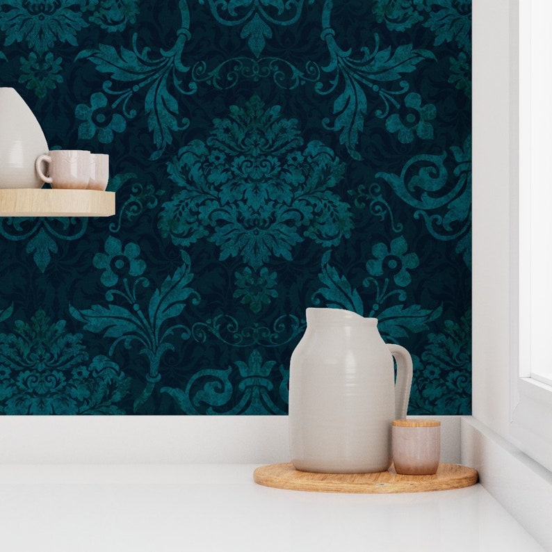 Dark Teal Damask Wallpaper Victorian Damask by Etsy