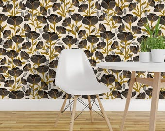 Floral  Wallpaper - Black Poppies - By Trendy Creation Prints - Poppy Flowers Black Removable Self Adhesive Wallpaper Roll by Spoonflower