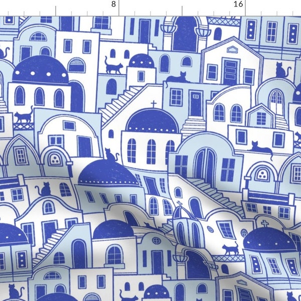 Greek Fabric - Santorini Cats by alicegillustration - Electric Blue Greece Santorini Mediterranean  Fabric by the Yard by Spoonflower