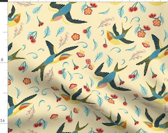 Cherry Birds Illustration Fabric - Swallows And Cherry Tree By Stargazingseamstress - Cherry Cotton Fabric By The Yard With Spoonflower