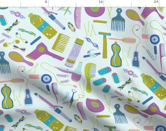 Beauty Hairdresser Tools Fabric - Good Hair Day - Lark By Abbyhersey - Beauty Tools Blue Green Cotton Fabric By The Yard With Spoonflower