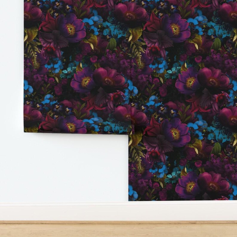 Dark Floral Wallpaper - Moody Florals By Utart - Mystic Night By Utart - Garden Bold Removable Self Adhesive Wallpaper Roll by Spoonflower image 4
