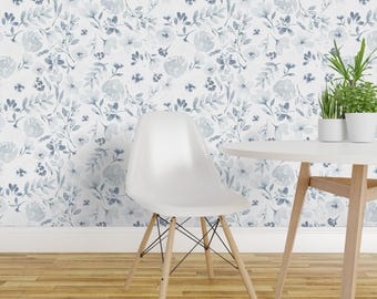 Soft Blue Floral Wallpaper - Faded Floral Watercolor By Erin Kendal - Nursery Infant Removable Self Adhesive Wallpaper Roll by Spoonflower