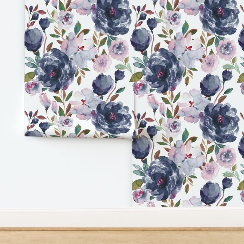 Romantic Floral Peel and Stick Wallpaper - Navy Botanical Feminine Meadow - Removable Wall Decor Art - Midnight Peonies by indybloomdesign image 4