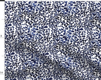 Blue Indigo Leaves Fabric - Navy Floral And Leaves By Marjolein In Wonderland - Blue Indigo Cotton Fabric By The Yard With Spoonflower
