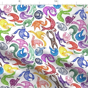 May include: A white background with a repeating pattern of colorful sloths drawn in a cartoon style. The sloths are in various poses and are outlined in black.