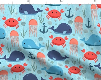 Nautical Nursery Fish Crabs Baby Blue Fabric - Nautical Creatures By Megdig Design - Nautical Cotton Fabric By The Yard With Spoonflower