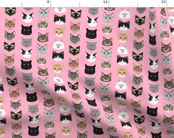 Pink Cat Fabric - Cat Faces Kittens Fabric By Petfriendly - Pet Cat Kitsch Cotton Fabric By The Yard With Spoonflower