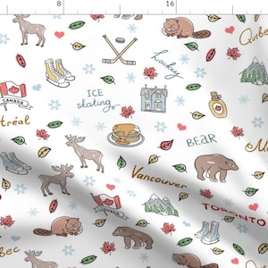 Canada Fabric - Canada By Bags29 - Canada Winter Moose Flag Hockey Syrup Skis Beaver Red White Cotton Fabric By The Yard With Spoonflower